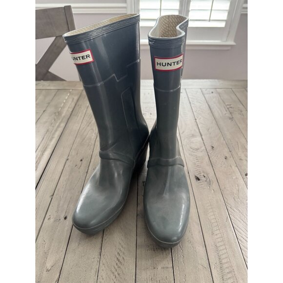 HUNTER Kellan Wedge Heel Mid Calf Rubber Rain Boots Grey Green Size 8M 9F - Picture 3 of 8